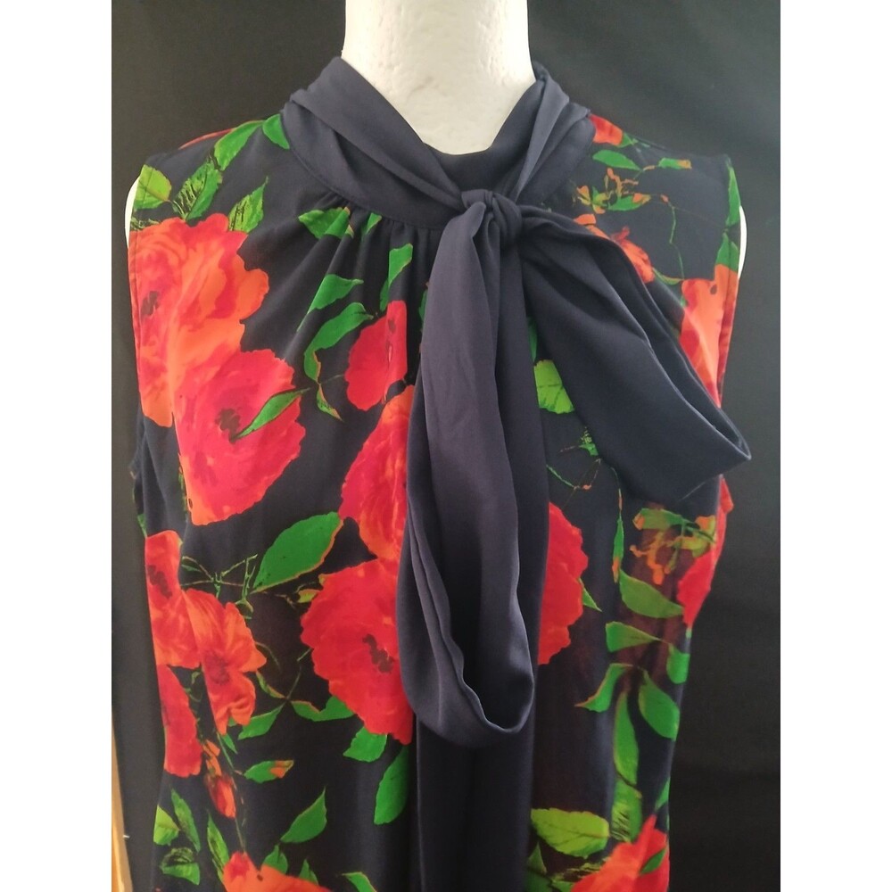7th Ave Design Studio New York & Co Navy Blue Floral Short Sleeve Blouse M